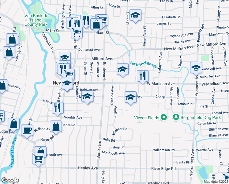 map of restaurants, bars, coffee shops, grocery stores, and more near 425 Ryeside Avenue in New Milford