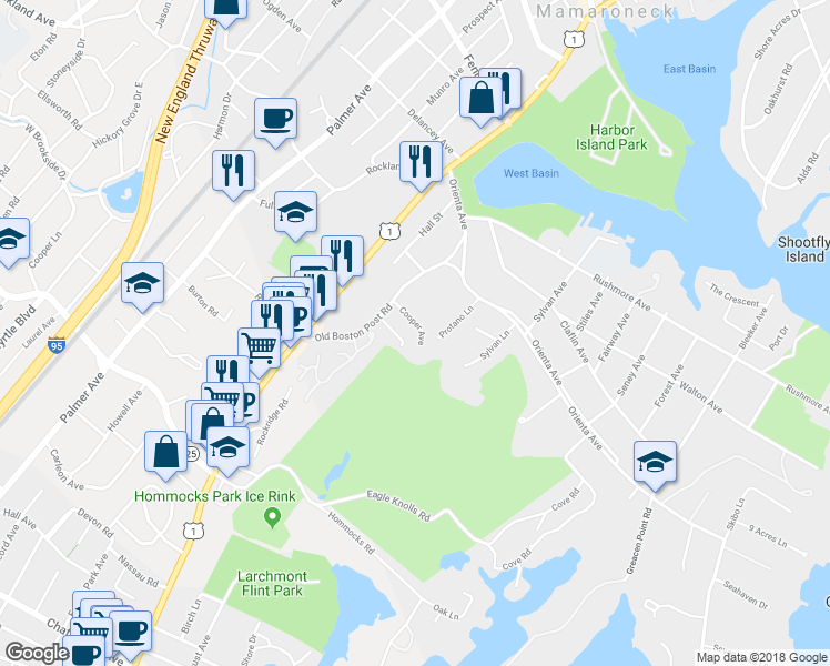 map of restaurants, bars, coffee shops, grocery stores, and more near 329 Cooper Avenue in Mamaroneck