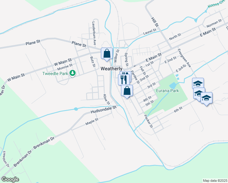 map of restaurants, bars, coffee shops, grocery stores, and more near 175 Hudsondale Street in Weatherly