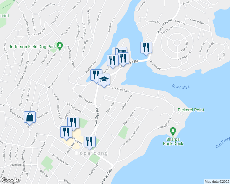 map of restaurants, bars, coffee shops, grocery stores, and more near 436 Lakeside Boulevard in Hopatcong