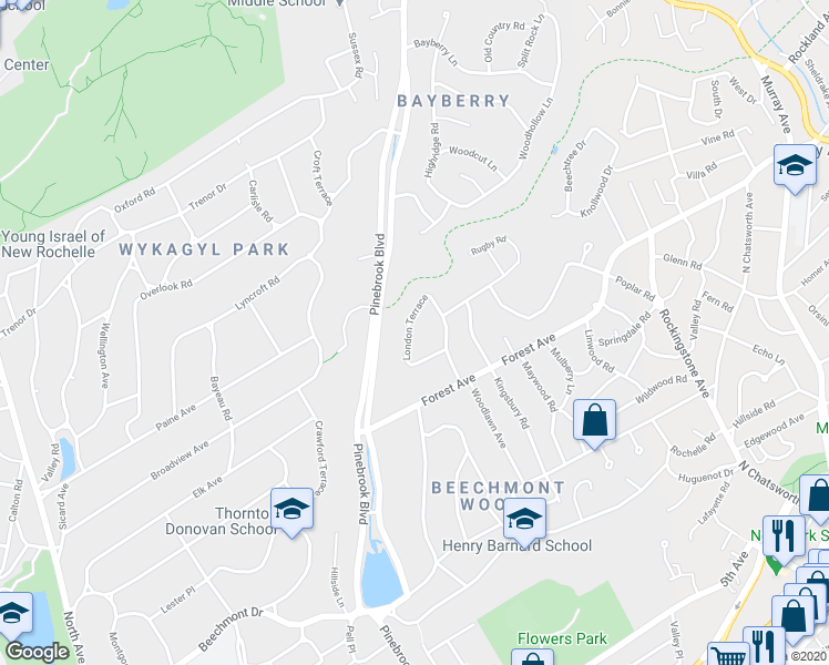 map of restaurants, bars, coffee shops, grocery stores, and more near 38 London Terrace in New Rochelle