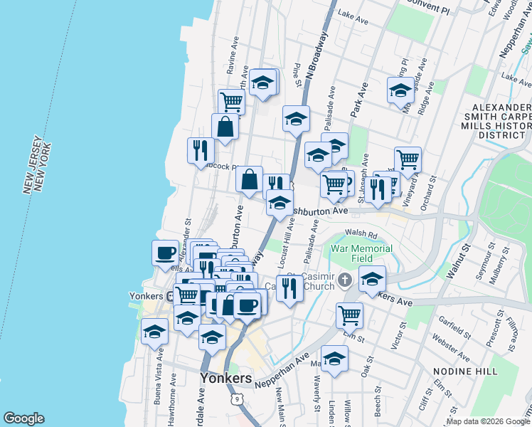 map of restaurants, bars, coffee shops, grocery stores, and more near 157 North Broadway in Yonkers