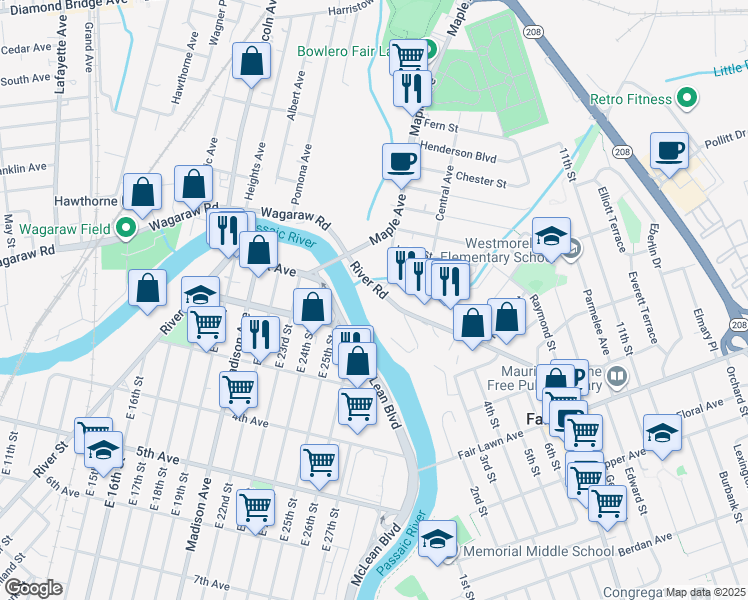 map of restaurants, bars, coffee shops, grocery stores, and more near 18-22 River Road in Fair Lawn
