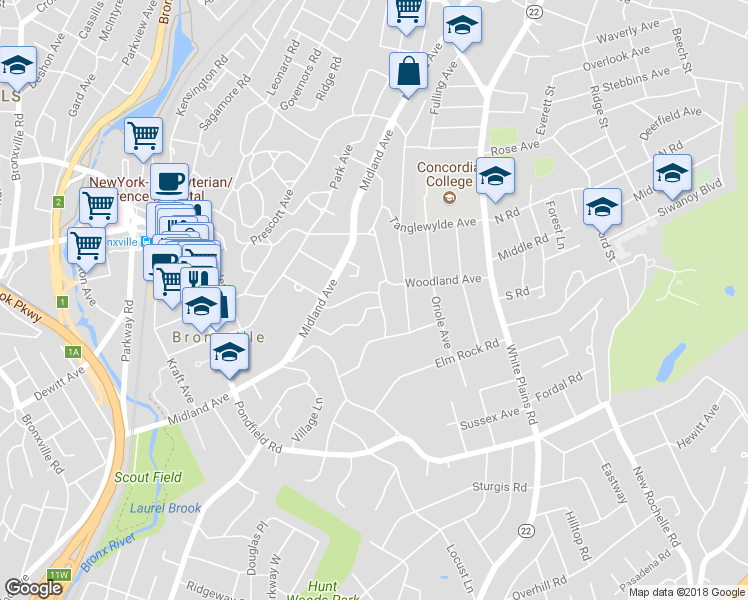 map of restaurants, bars, coffee shops, grocery stores, and more near 18 Hawthorne Road in Bronxville