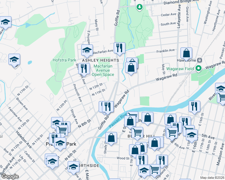 map of restaurants, bars, coffee shops, grocery stores, and more near 128 North 8th Street in Hawthorne