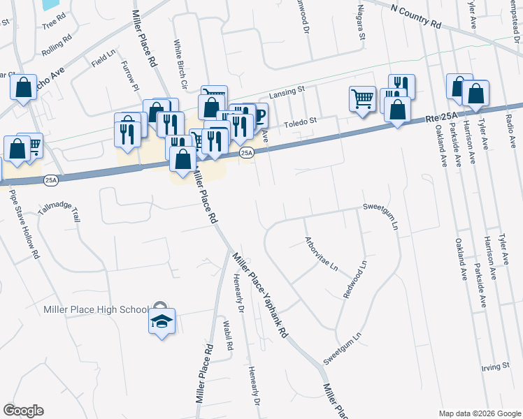 map of restaurants, bars, coffee shops, grocery stores, and more near 5 Azalea Court in Miller Place