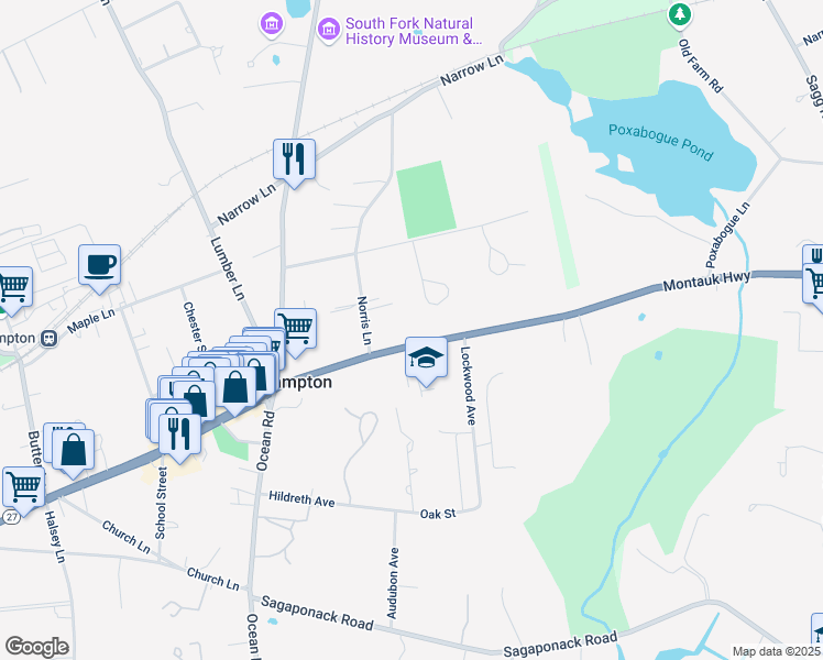 map of restaurants, bars, coffee shops, grocery stores, and more near 2668 Montauk Highway in East Hampton