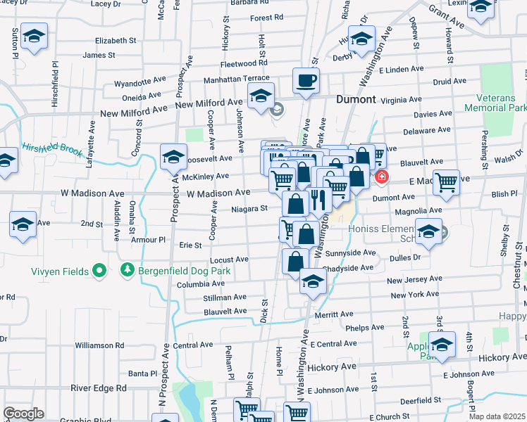 map of restaurants, bars, coffee shops, grocery stores, and more near 35 Niagara Street in Dumont