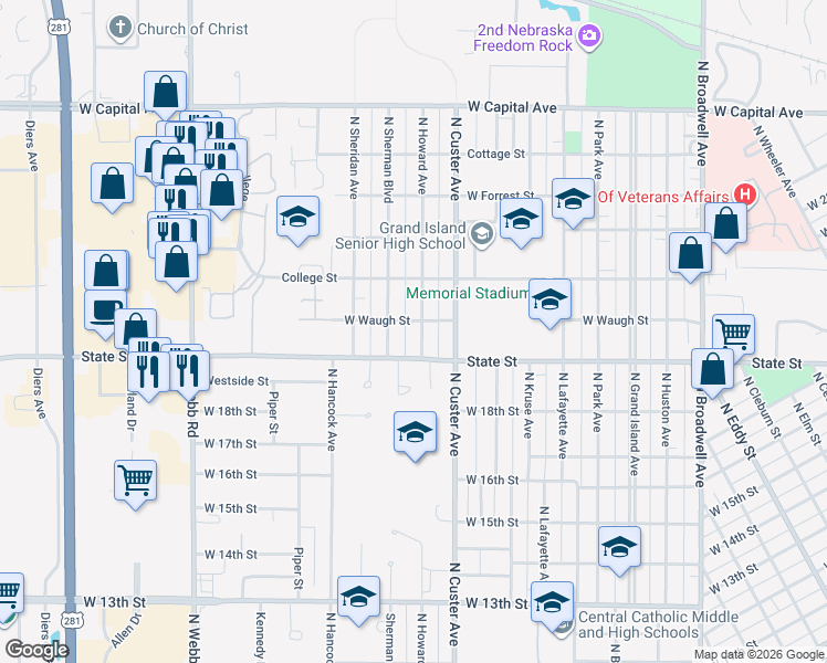 map of restaurants, bars, coffee shops, grocery stores, and more near 1926 North Howard Avenue in Grand Island