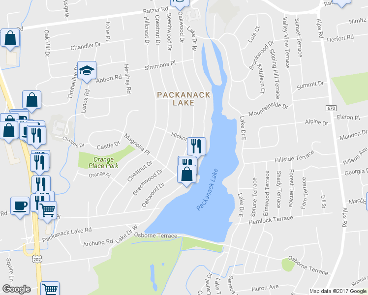 map of restaurants, bars, coffee shops, grocery stores, and more near 73 Oakwood Drive in Wayne