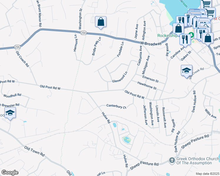 map of restaurants, bars, coffee shops, grocery stores, and more near 512 Old Post Road in Port Jefferson