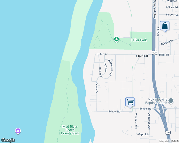 map of restaurants, bars, coffee shops, grocery stores, and more near 1862 Ocean Drive in McKinleyville