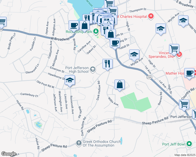 map of restaurants, bars, coffee shops, grocery stores, and more near 211 Old Post Road in Port Jefferson