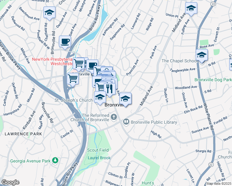 map of restaurants, bars, coffee shops, grocery stores, and more near 17 Tanglewylde Avenue in Bronxville