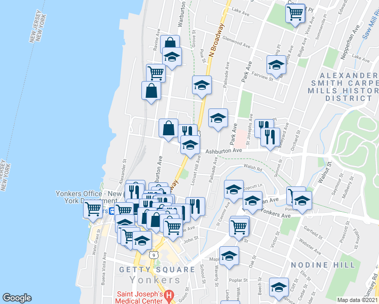map of restaurants, bars, coffee shops, grocery stores, and more near 157 North Broadway in Yonkers
