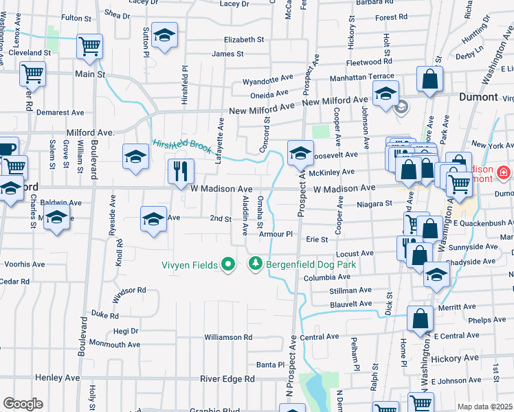 map of restaurants, bars, coffee shops, grocery stores, and more near 59 Omaha Street in Dumont