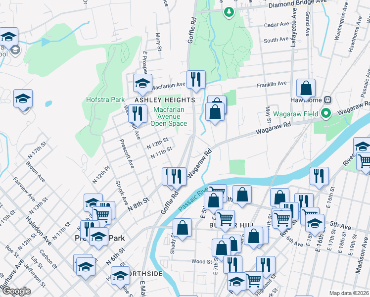 map of restaurants, bars, coffee shops, grocery stores, and more near 128 North 8th Street in Hawthorne