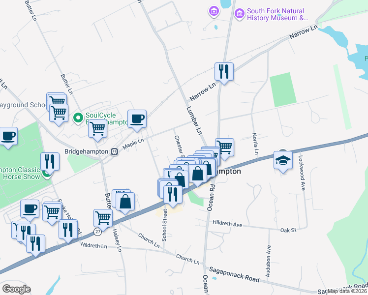 map of restaurants, bars, coffee shops, grocery stores, and more near 45 Chester Street in Bridgehampton