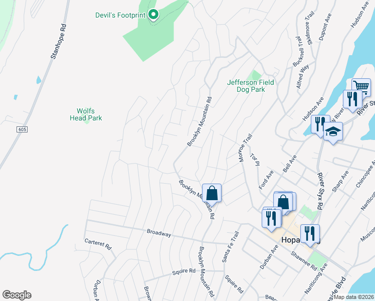 map of restaurants, bars, coffee shops, grocery stores, and more near 621 Brooklyn Mountain Road in Hopatcong