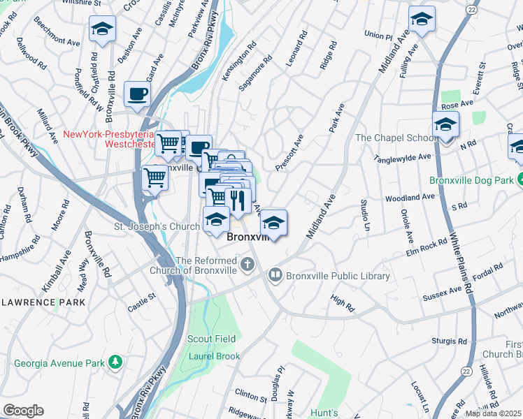 map of restaurants, bars, coffee shops, grocery stores, and more near 17 Tanglewylde Ave in Bronxville