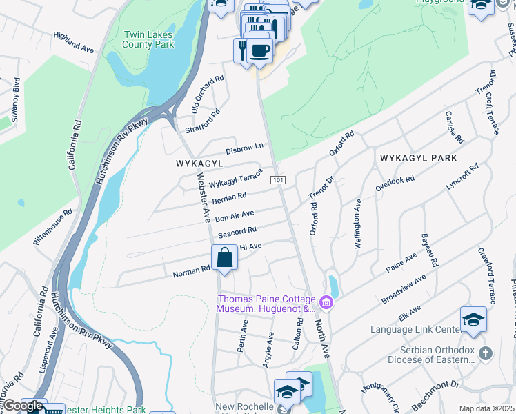 map of restaurants, bars, coffee shops, grocery stores, and more near 33 Bon Air Avenue in New Rochelle