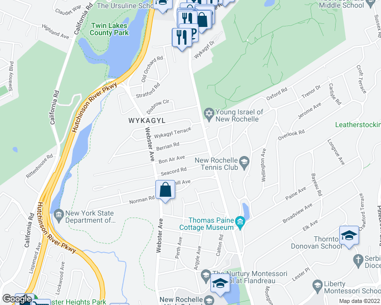 map of restaurants, bars, coffee shops, grocery stores, and more near 33 Bon Air Avenue in New Rochelle