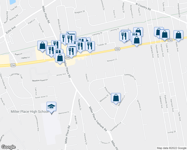map of restaurants, bars, coffee shops, grocery stores, and more near 4 Bayberry Court in Miller Place
