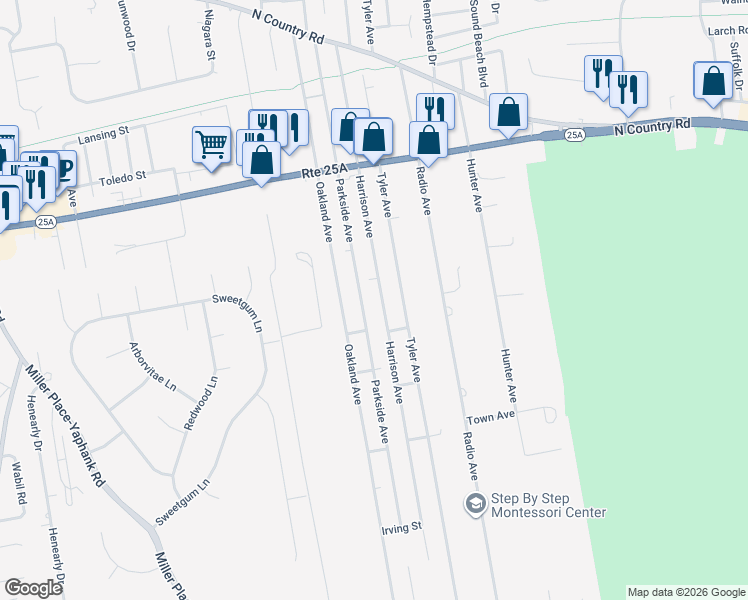 map of restaurants, bars, coffee shops, grocery stores, and more near 210 Harrison Avenue in Miller Place