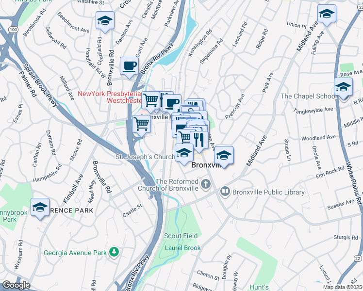 map of restaurants, bars, coffee shops, grocery stores, and more near 29 Park Place in Bronxville