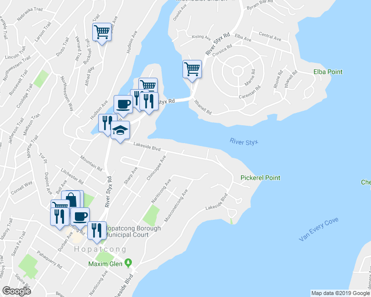 map of restaurants, bars, coffee shops, grocery stores, and more near 413A Lakeside Boulevard in Hopatcong
