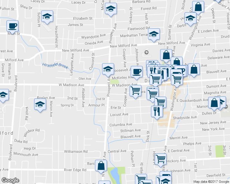 map of restaurants, bars, coffee shops, grocery stores, and more near 150 Niagara Street in Dumont