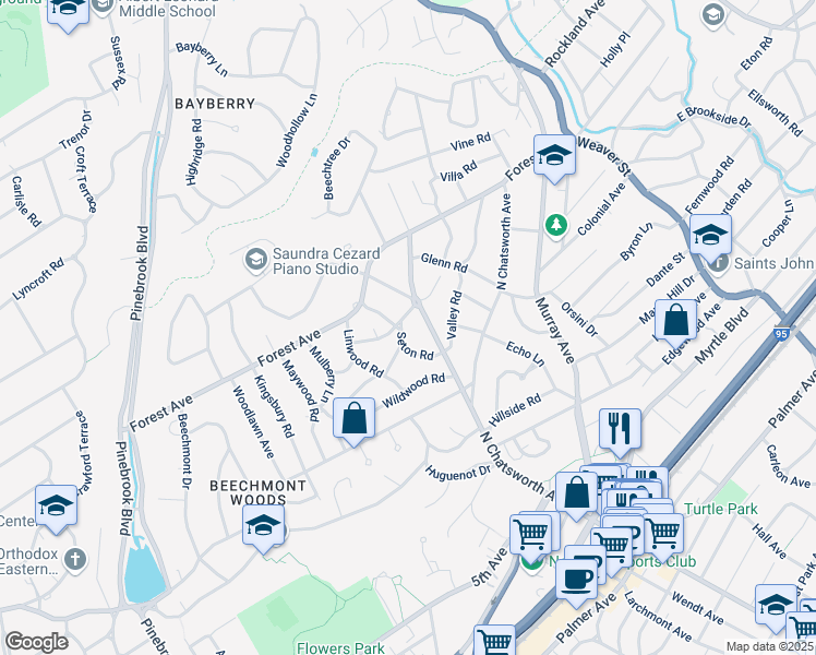 map of restaurants, bars, coffee shops, grocery stores, and more near 35 Seton Road in Larchmont