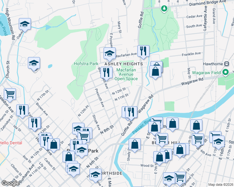 map of restaurants, bars, coffee shops, grocery stores, and more near 50 North 12th Street in Hawthorne