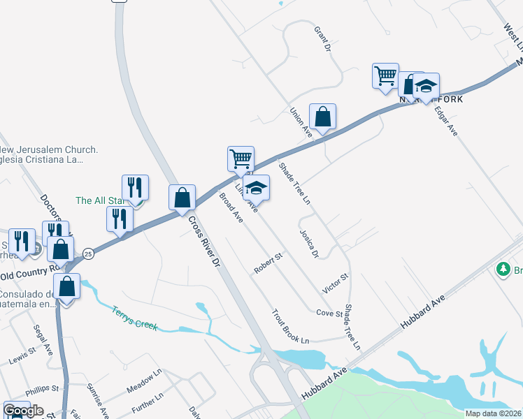 map of restaurants, bars, coffee shops, grocery stores, and more near 172 Linda Avenue in Riverhead