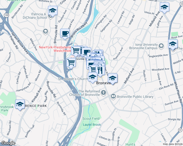 map of restaurants, bars, coffee shops, grocery stores, and more near 29 Park Place in Bronxville