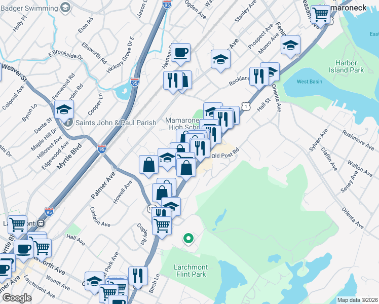 map of restaurants, bars, coffee shops, grocery stores, and more near 823 Larchmont Acres in Larchmont