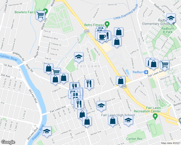 map of restaurants, bars, coffee shops, grocery stores, and more near 16-01 11th Street in Fair Lawn