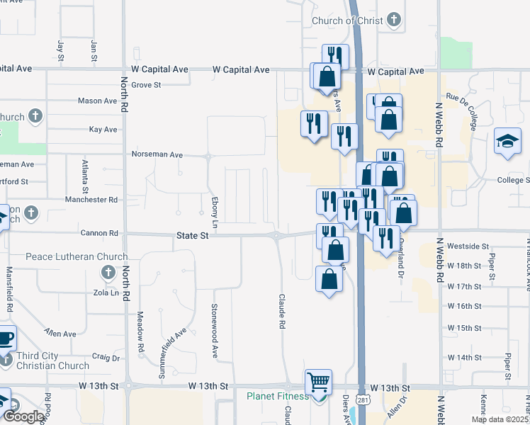 map of restaurants, bars, coffee shops, grocery stores, and more near in Grand Island