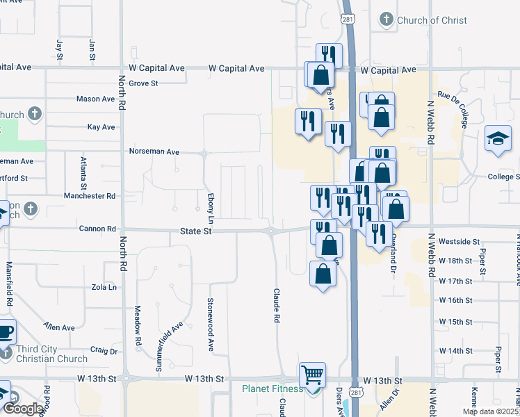 map of restaurants, bars, coffee shops, grocery stores, and more near 3720 West State Street in Grand Island