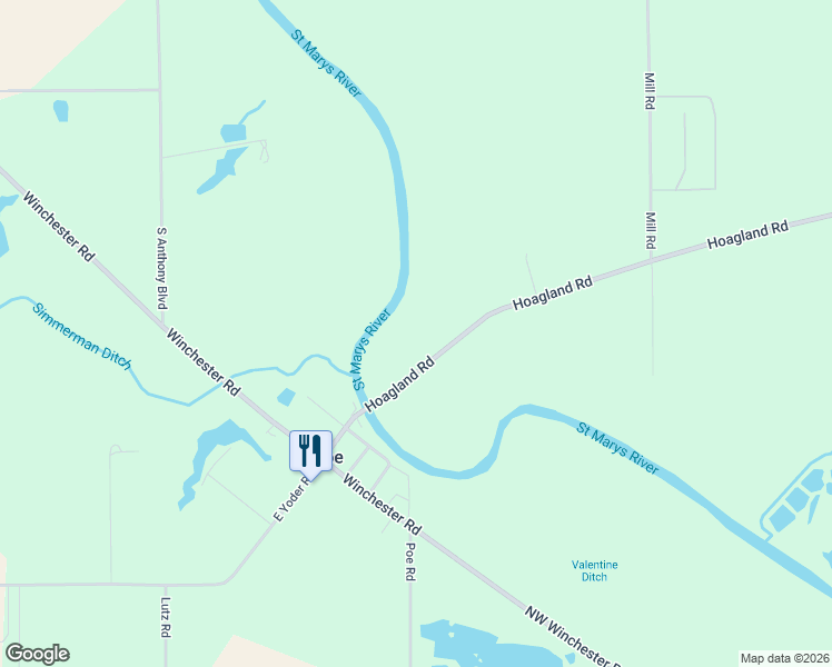 map of restaurants, bars, coffee shops, grocery stores, and more near 4101 Hoagland Road in Fort Wayne