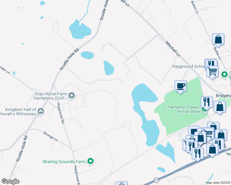 map of restaurants, bars, coffee shops, grocery stores, and more near 14 Two Trees Lane in Water Mill