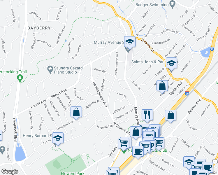 map of restaurants, bars, coffee shops, grocery stores, and more near 99 North Chatsworth Avenue in Larchmont