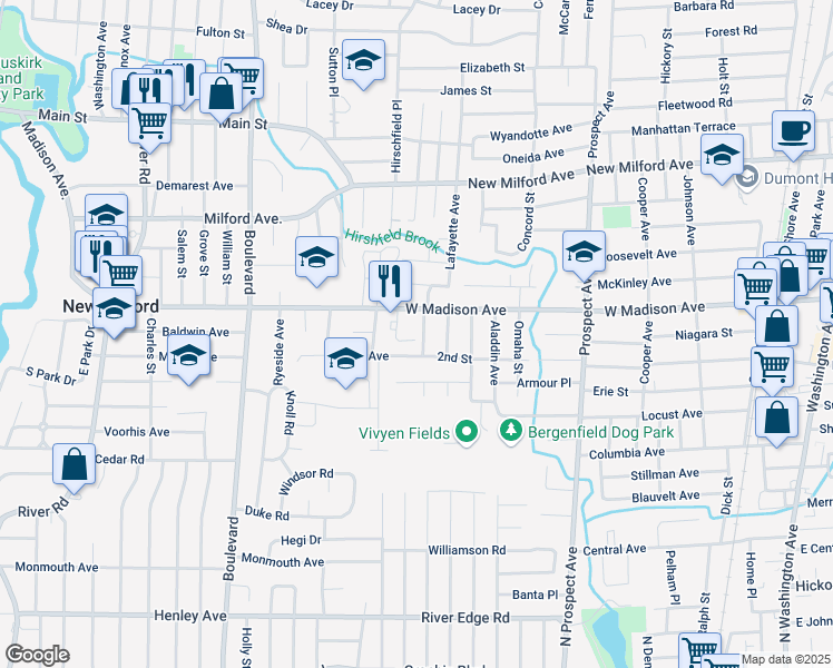 map of restaurants, bars, coffee shops, grocery stores, and more near 20 Hillside Ave in Dumont