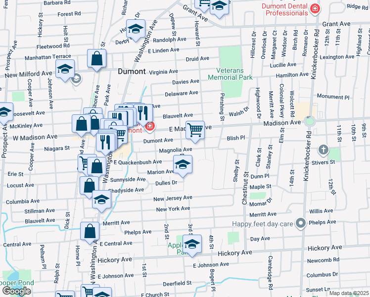map of restaurants, bars, coffee shops, grocery stores, and more near 138 Magnolia Avenue in Dumont