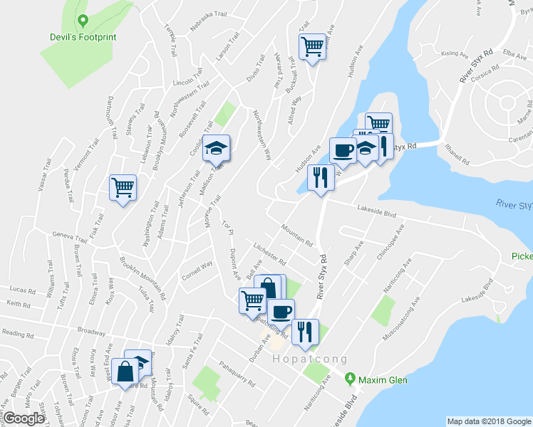 map of restaurants, bars, coffee shops, grocery stores, and more near 74 Mountain Road in Hopatcong