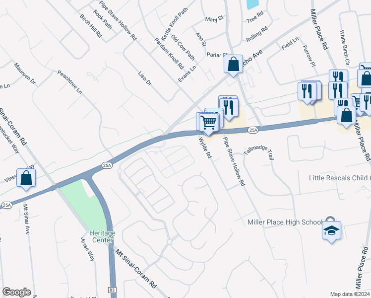map of restaurants, bars, coffee shops, grocery stores, and more near 8 Wylde Road in Mount Sinai