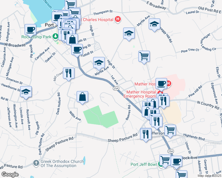 map of restaurants, bars, coffee shops, grocery stores, and more near 660 Main Street in Port Jefferson