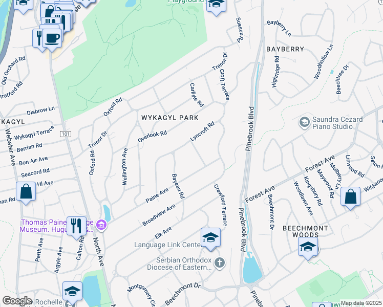 map of restaurants, bars, coffee shops, grocery stores, and more near 34 Longvue Avenue in New Rochelle