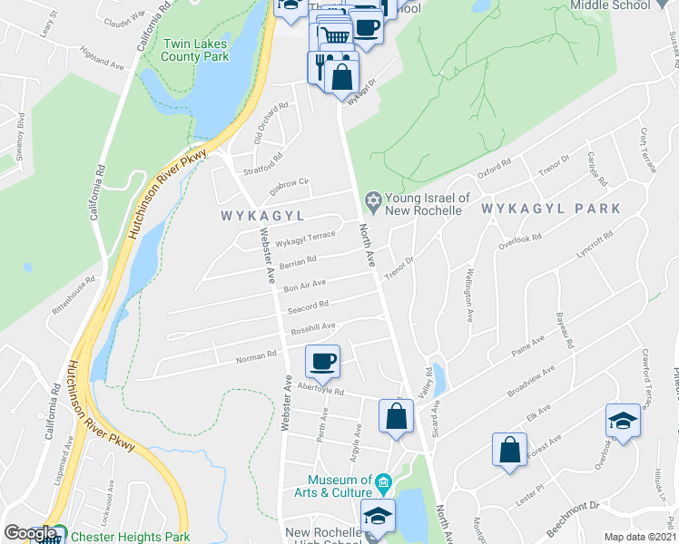 map of restaurants, bars, coffee shops, grocery stores, and more near 33 Bon Air Avenue in New Rochelle