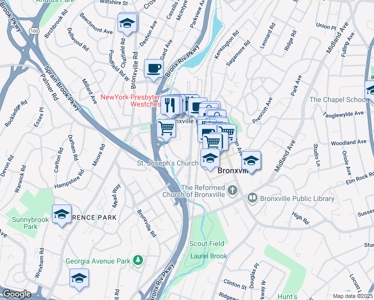 map of restaurants, bars, coffee shops, grocery stores, and more near 87 Parkway Road in Bronxville